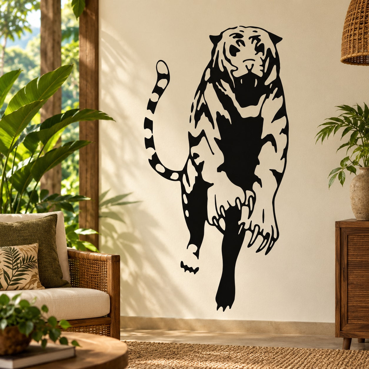 Attacking tiger wall decal, black silhouette