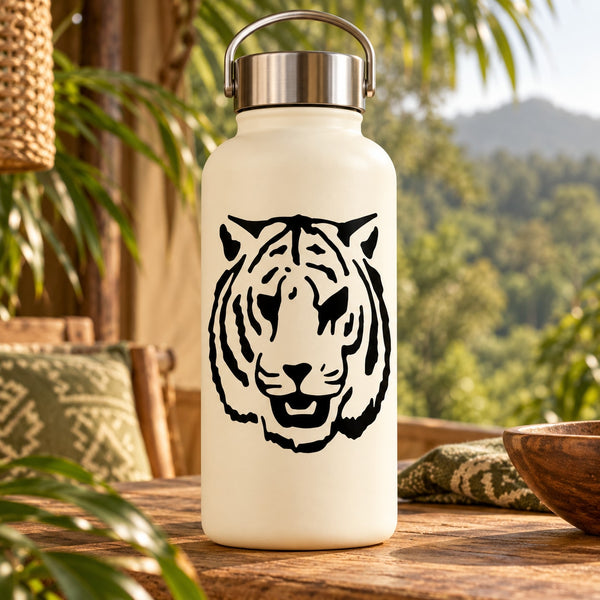 Tiger face decal on cream water bottle