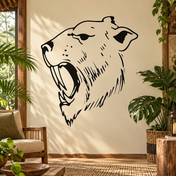 Stylized black saber-tooth tiger head decal with open mouth, roaring face