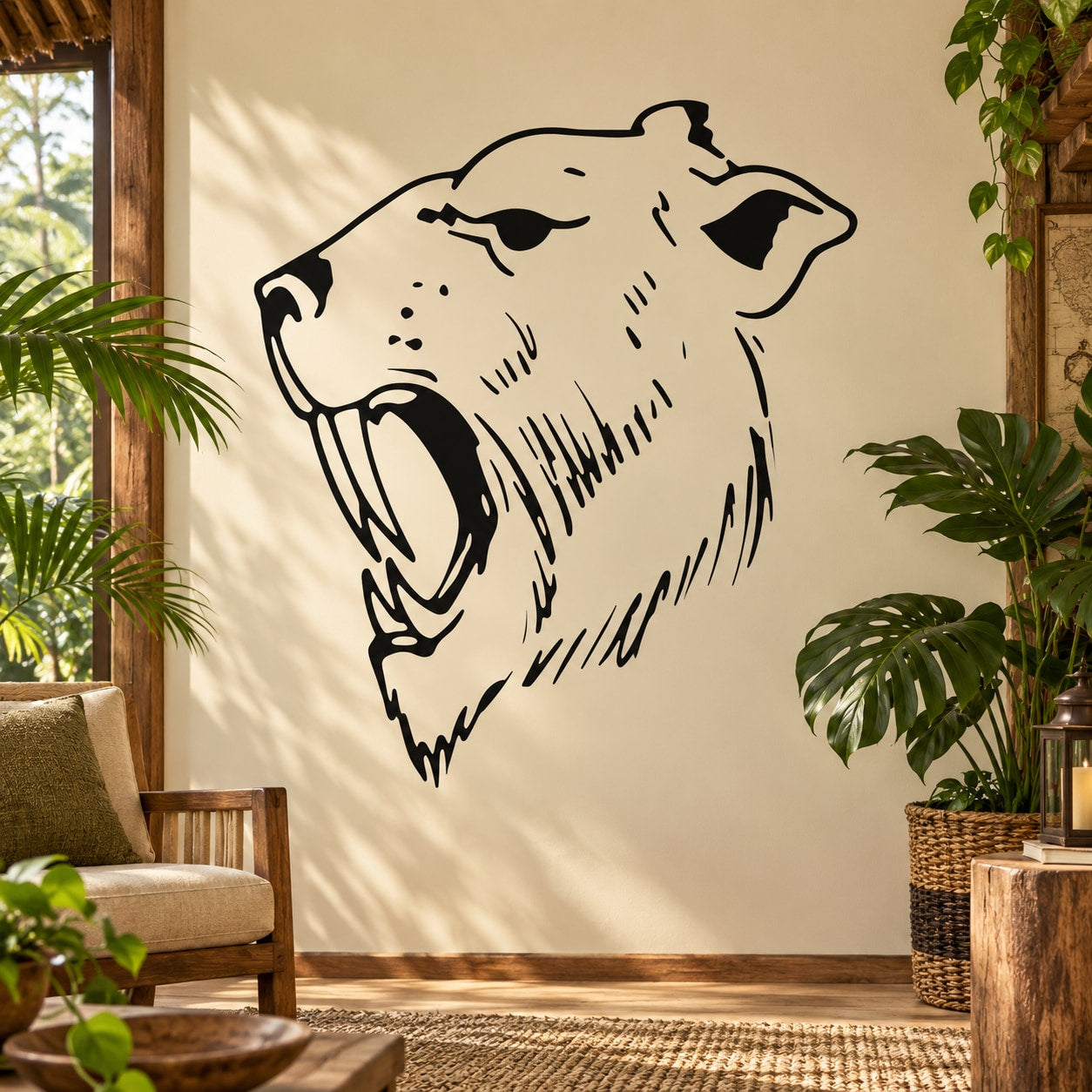 Stylized black saber-tooth tiger head decal with open mouth, roaring face