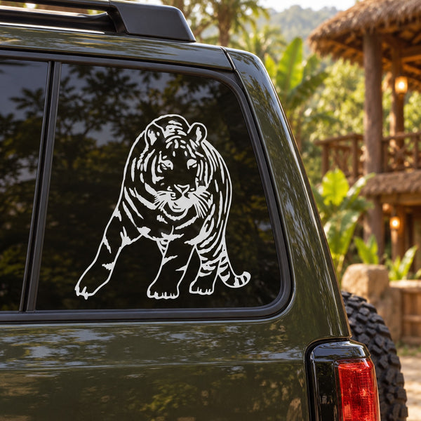 Aggressive tiger decal sticker in white on a car window
