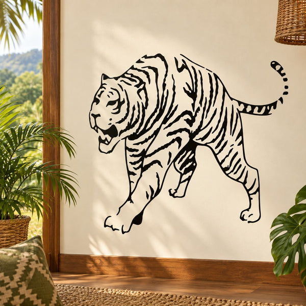 Tiger decal with black line-art standing tiger design