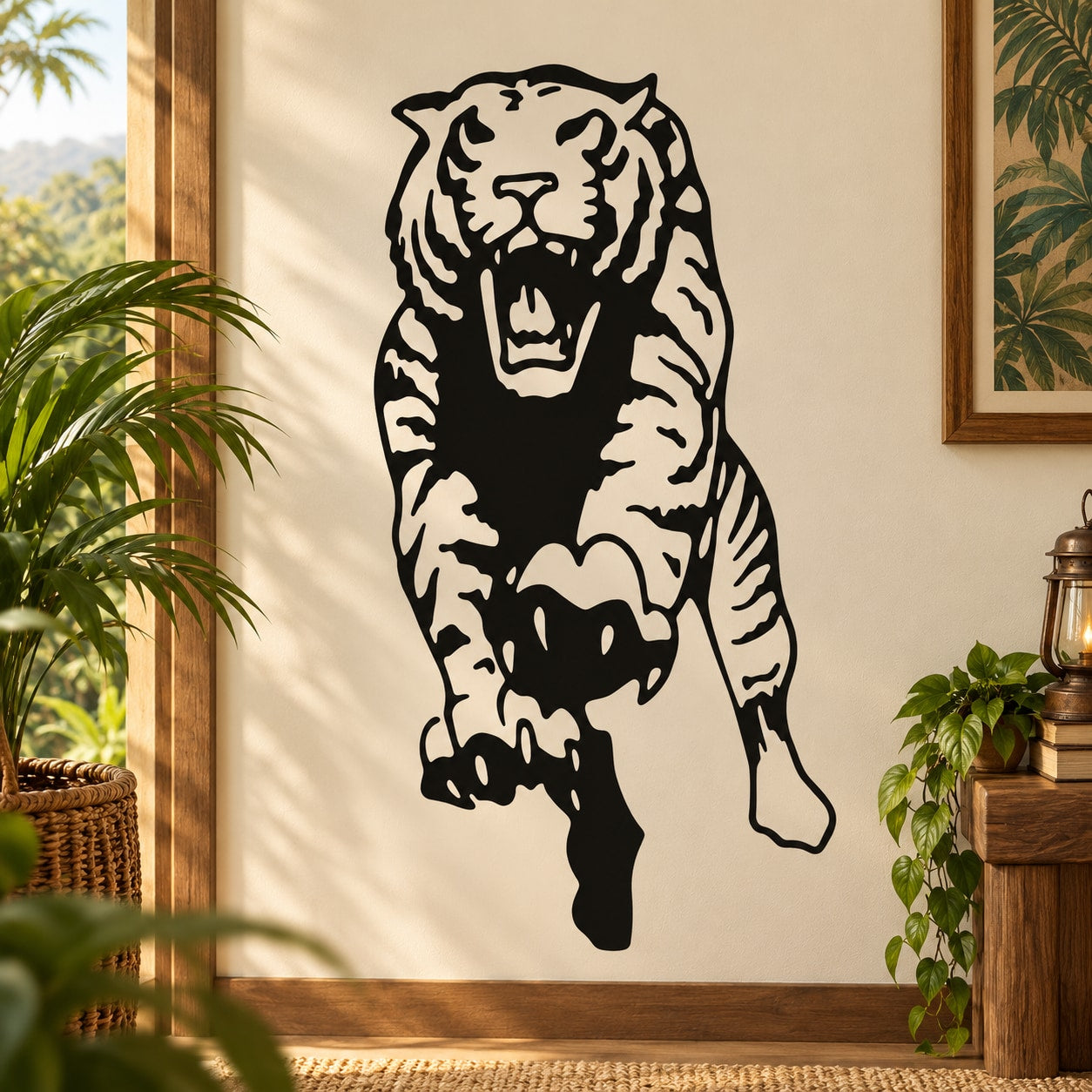 Tiger face wall decal with bold black and white graphic illustration
