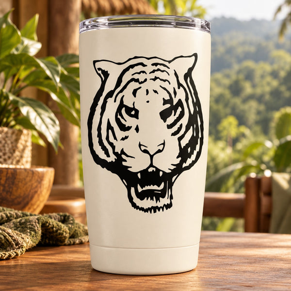 White tumbler with black aggressive tiger head decal and clear lid
