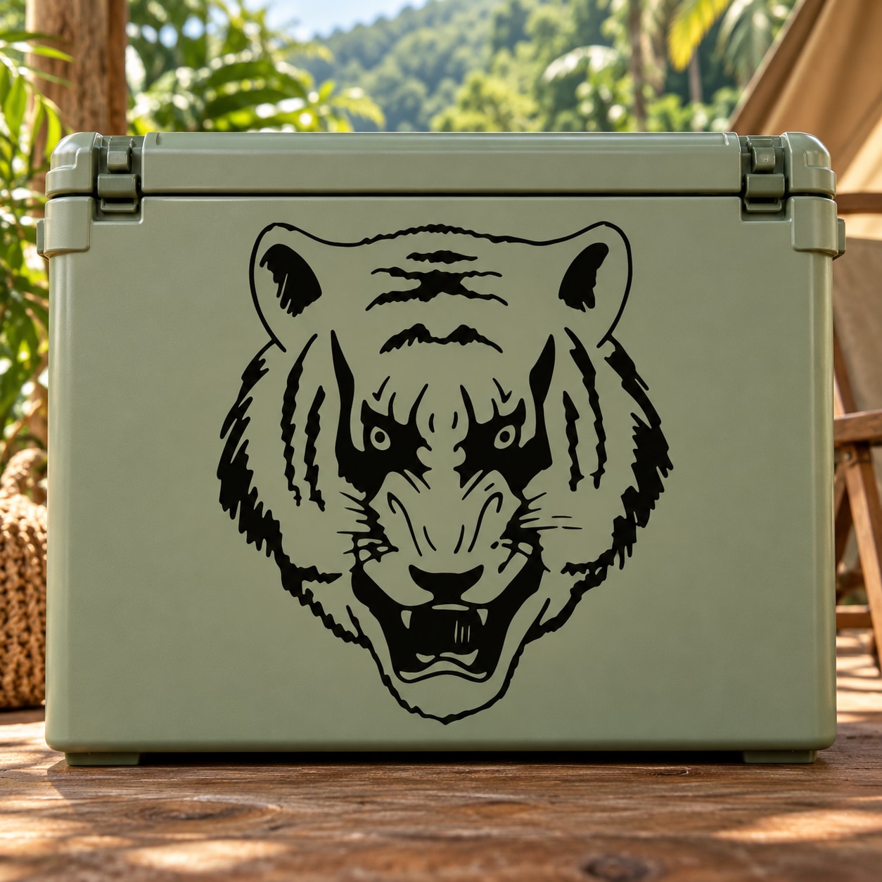 Wild snarling tiger head decal sticker, bold black outline on light background