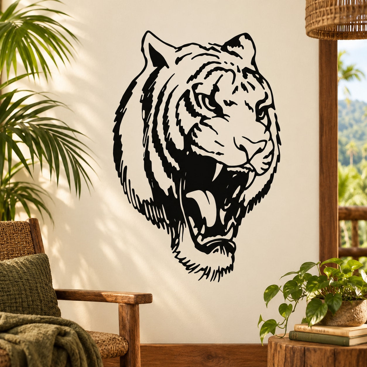 Tiger head decal in black and white, roaring facial expression