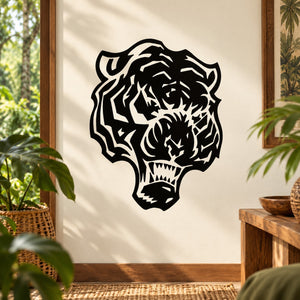 Tiger head decal with bold black stencil-style face, stripes, and open mouth