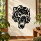 Tiger head decal with bold black stencil-style face, stripes, and open mouth