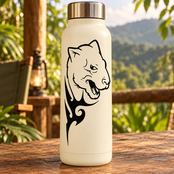 Black tiger head decal with outlined face and tail detail on light bottle