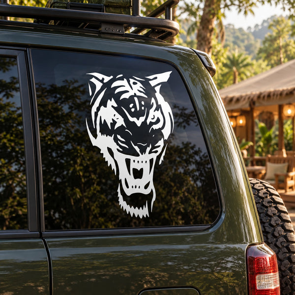 White tiger head decal on car side window, fierce snarling face design