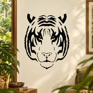 Tiger head decal with bold black outlines and face design for walls, stickers or signs