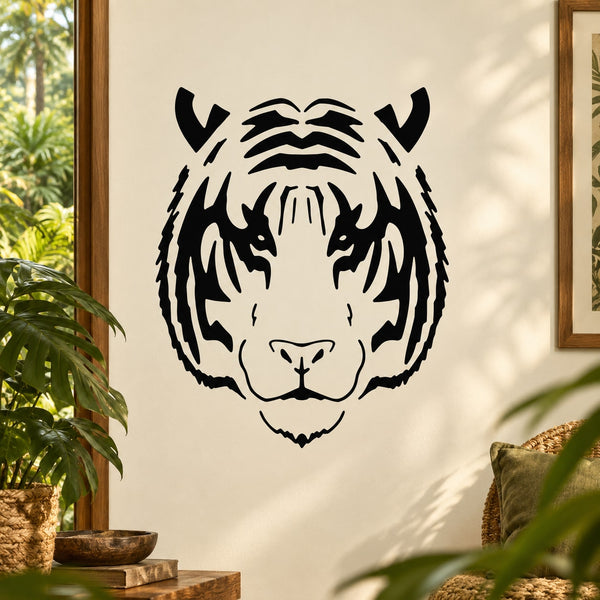 Tiger head decal with bold black outlines and face design for walls, stickers or signs