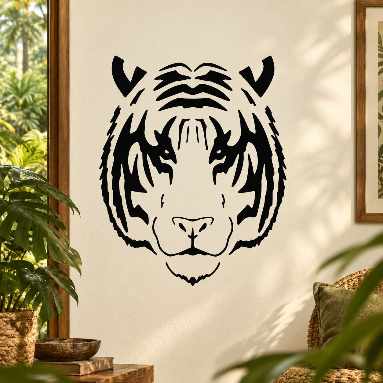 Tiger head decal with bold black outlines and face design for walls, stickers or signs
