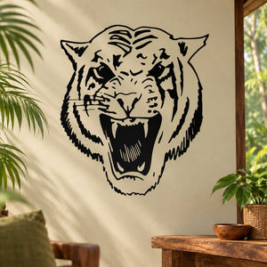 Roaring tiger head wall decal with black-and-white line art