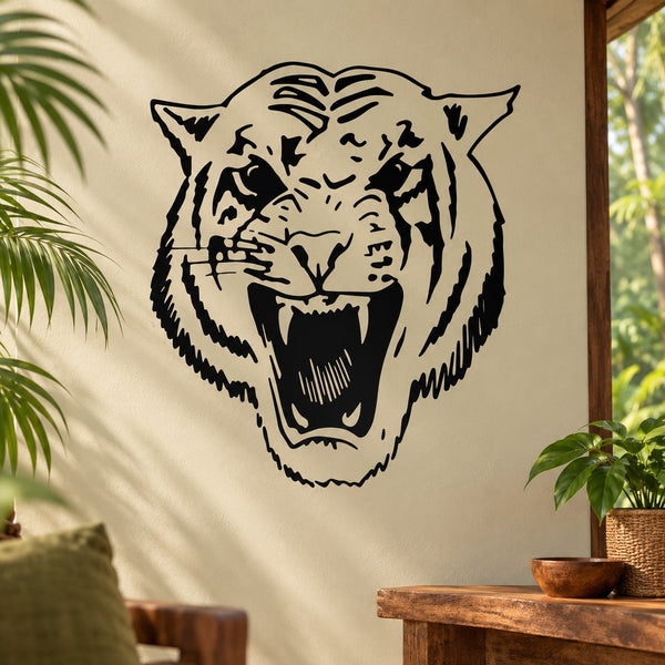 Roaring tiger head wall decal with black-and-white line art