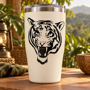 Tiger head decal on white tumbler with black snarling face design