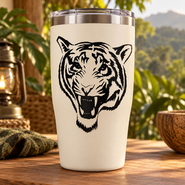 Tiger head decal on white tumbler with black snarling face design