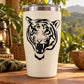 Tiger head decal on white tumbler with black snarling face design