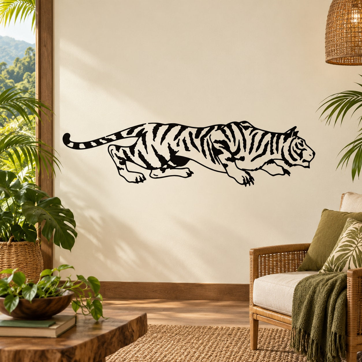 Crouching tiger wall decal, black outline and stripes