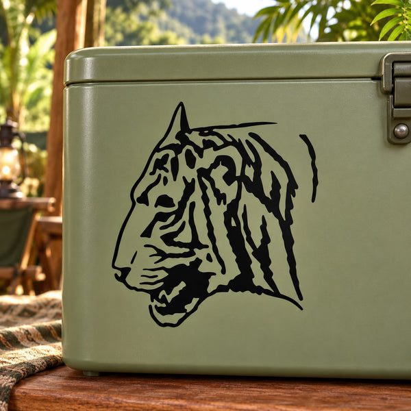 Black tiger head decal on an olive green cooler
