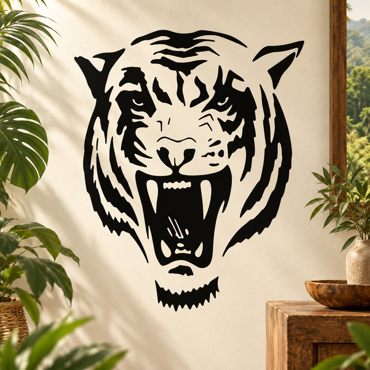 Tiger head decal, black snarling face with mouth open and bold stripes