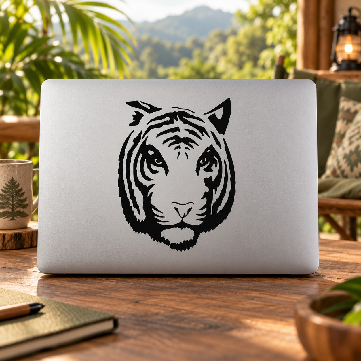 Tiger head decal with black face graphic on white backing