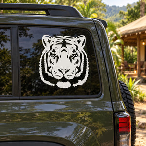 Tiger head decal in white on car window