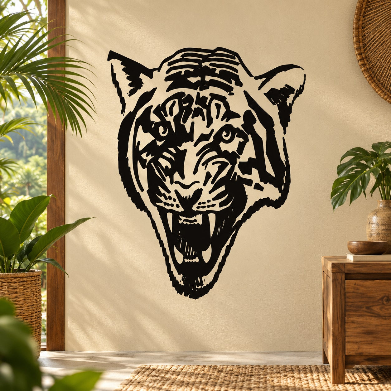 Tiger head decal, black snarling tiger face wall sticker