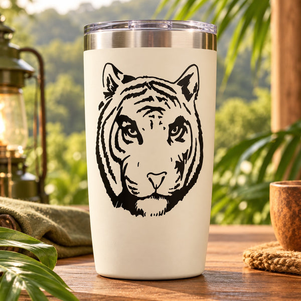 Tiger head decal with bold black line art on a light background