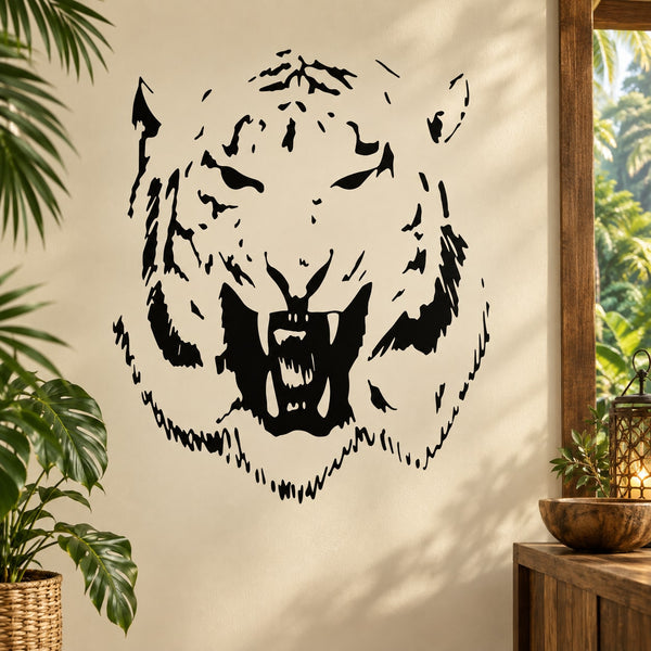 Snarling tiger head wall decal, black graphic on light surface