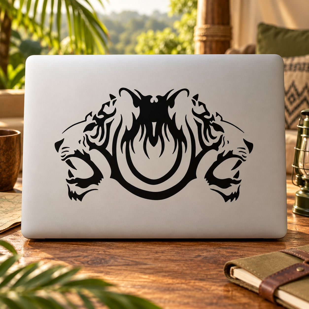Double-headed tiger snarling decal, black face graphic