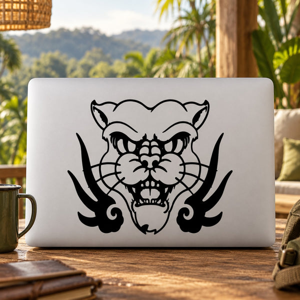 Tiger head with wings decal in black on white