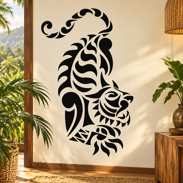 Black tiger climbing down wall decal with detailed tribal-style lines
