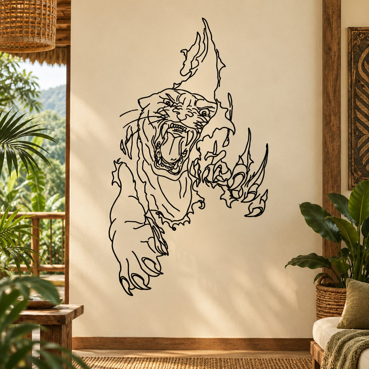Black line-art tiger decal with roaring mouth and raised claw design