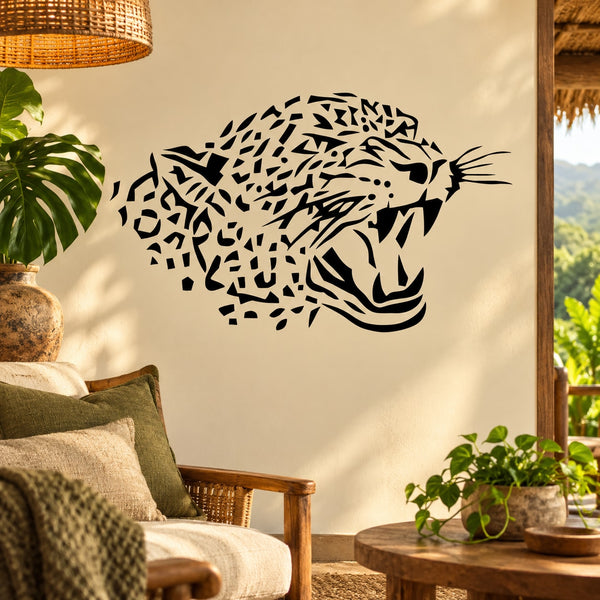 Leopard head wall decal, black silhouette with open mouth