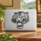 Tiger head decal with bold black face graphic on rectangular white sticker