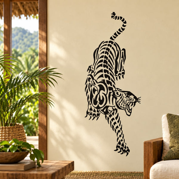 Black leaping tiger turning wall decal with detailed line-art style.