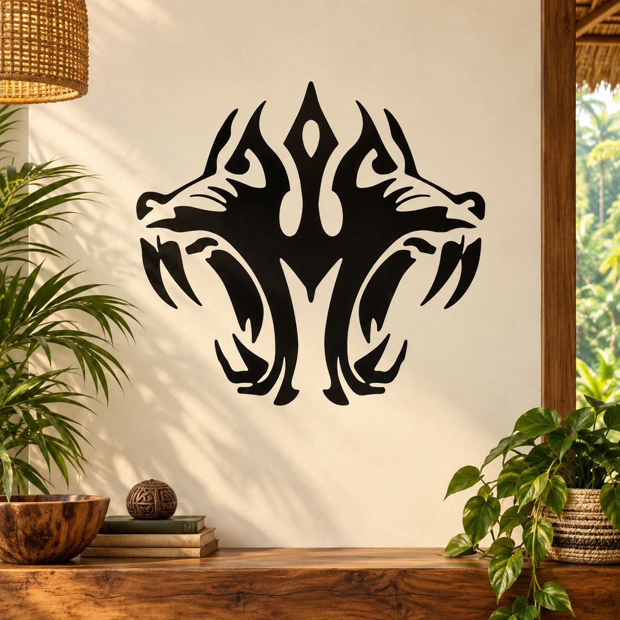 Black twin tiger head wall decal