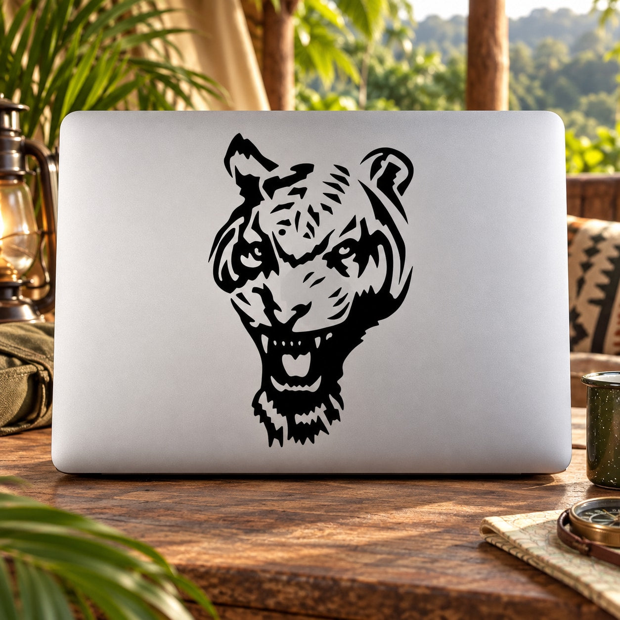 Black tiger head decal on light background