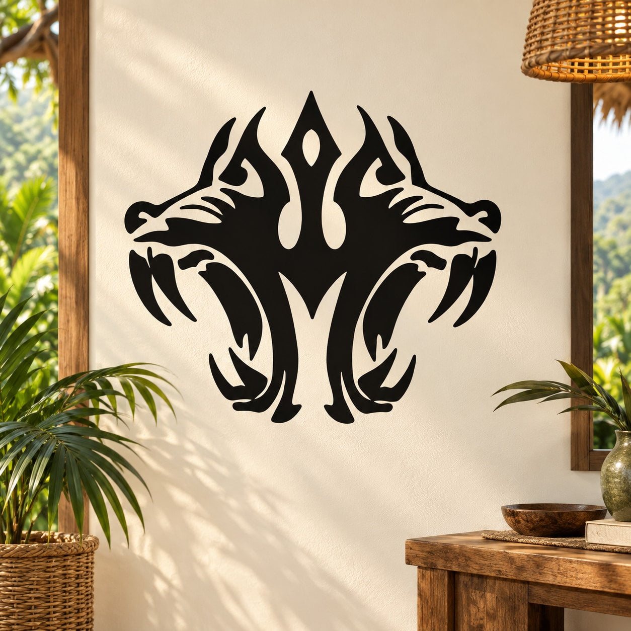 Black tiger head wall decal with flame-like detail and open mouths