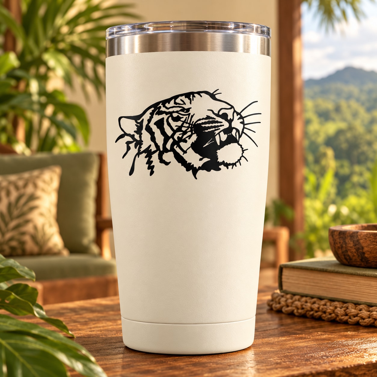 Tiger head teeth decal on white tumbler with black printed graphic