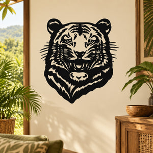 Tiger head warning stare decal with black-and-white tiger face