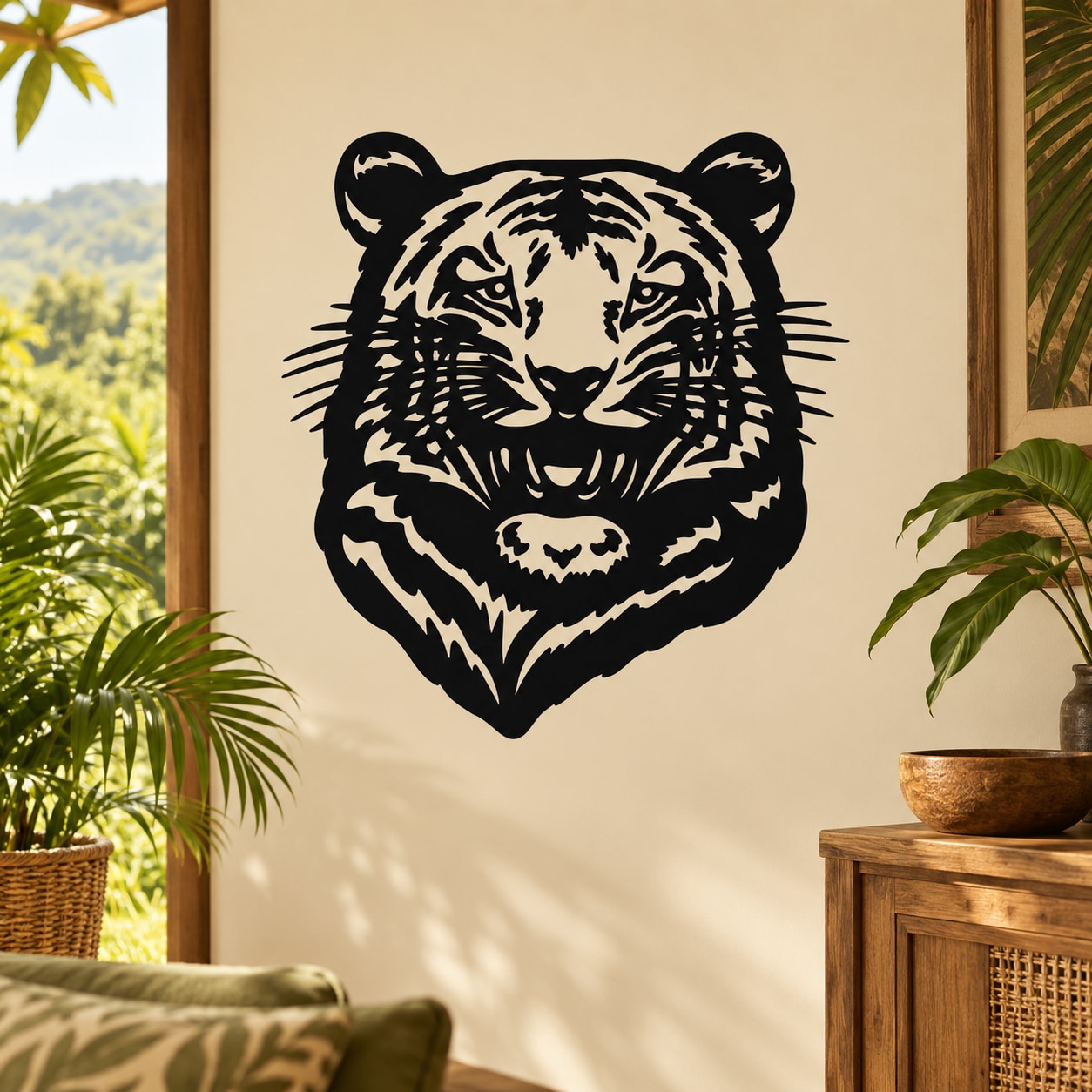 Tiger head warning stare decal with black-and-white tiger face