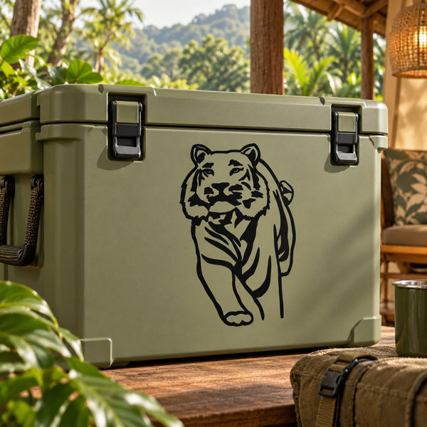 Black charging tiger decal on light olive green rectangular case front