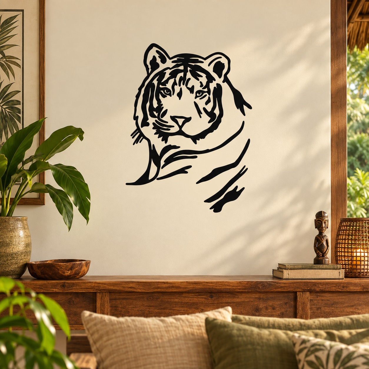 Tiger looking-over wall decal with black outline and white fill
