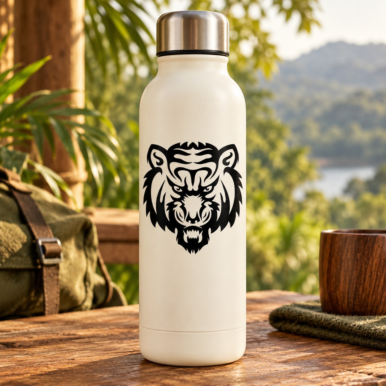 Angry tiger head decal in black on a white bottle