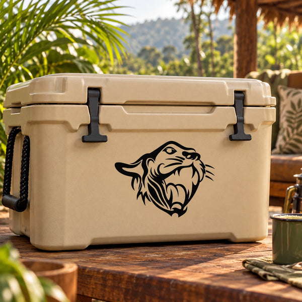 Hissing wild cat head decal, black outline on beige storage cooler lid
