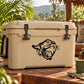 Hissing wild cat head decal, black outline on beige storage cooler lid