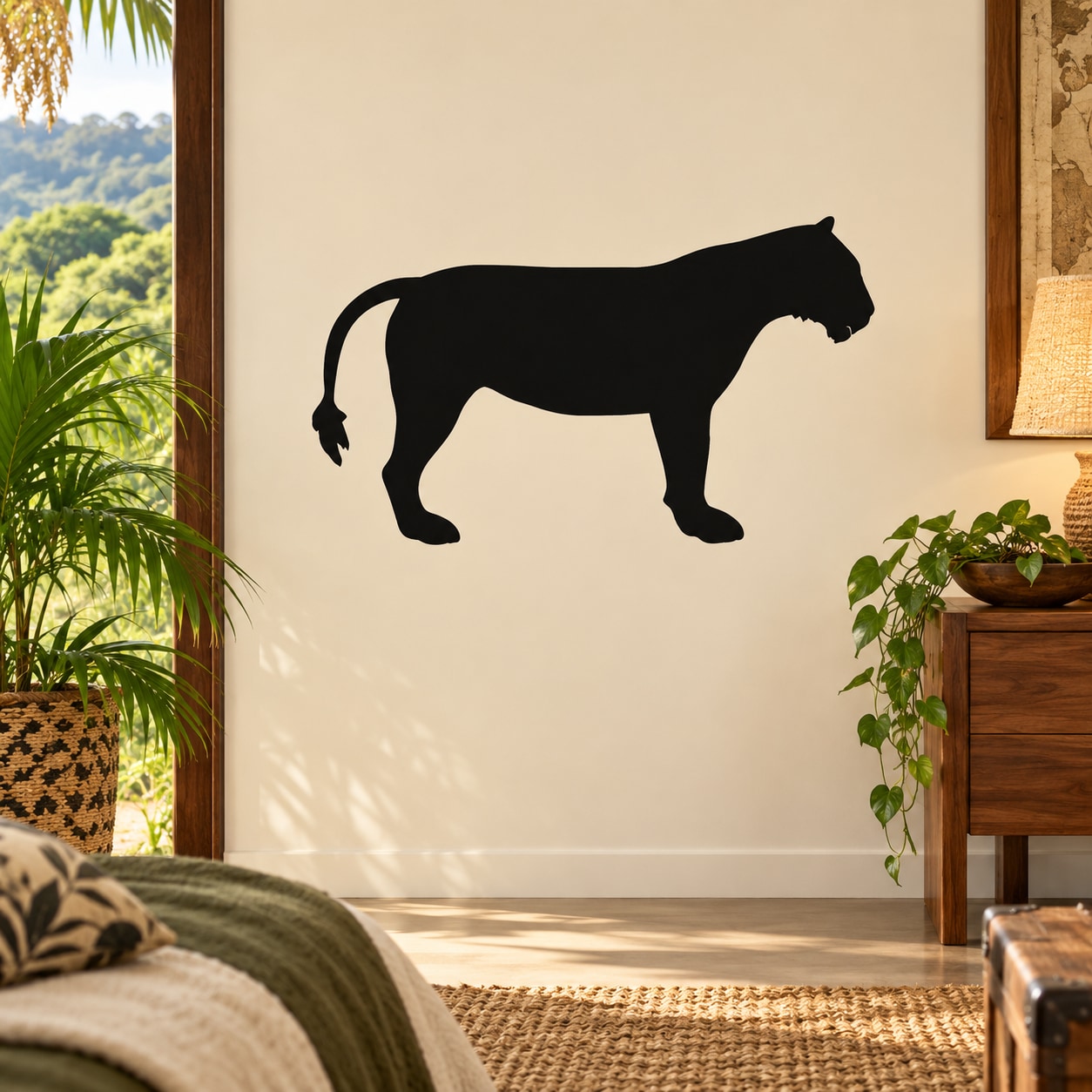 Black standing lion silhouette wall decal, simple graphic shape