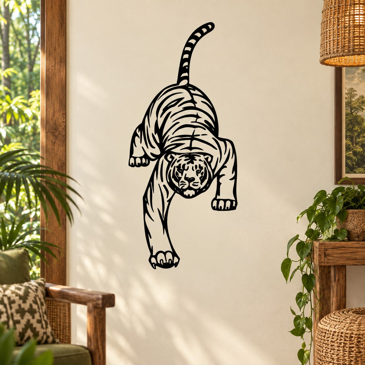 Black tiger climbing line-art wall decal sticker